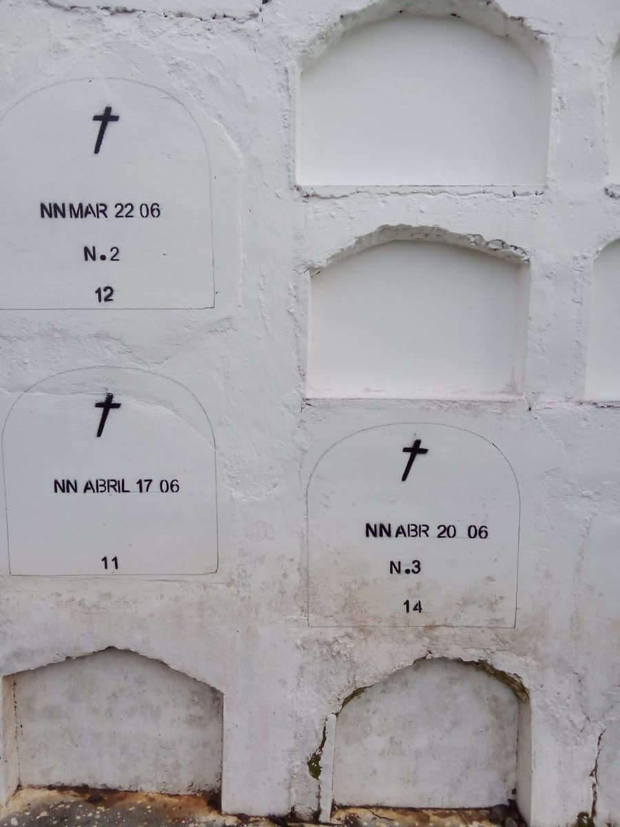 Tumbas del cementerio de San Luis, Antioquia, marcadas con la sigla N. N. (Ningún nombre). Fotografía de Bertha Olivia García.